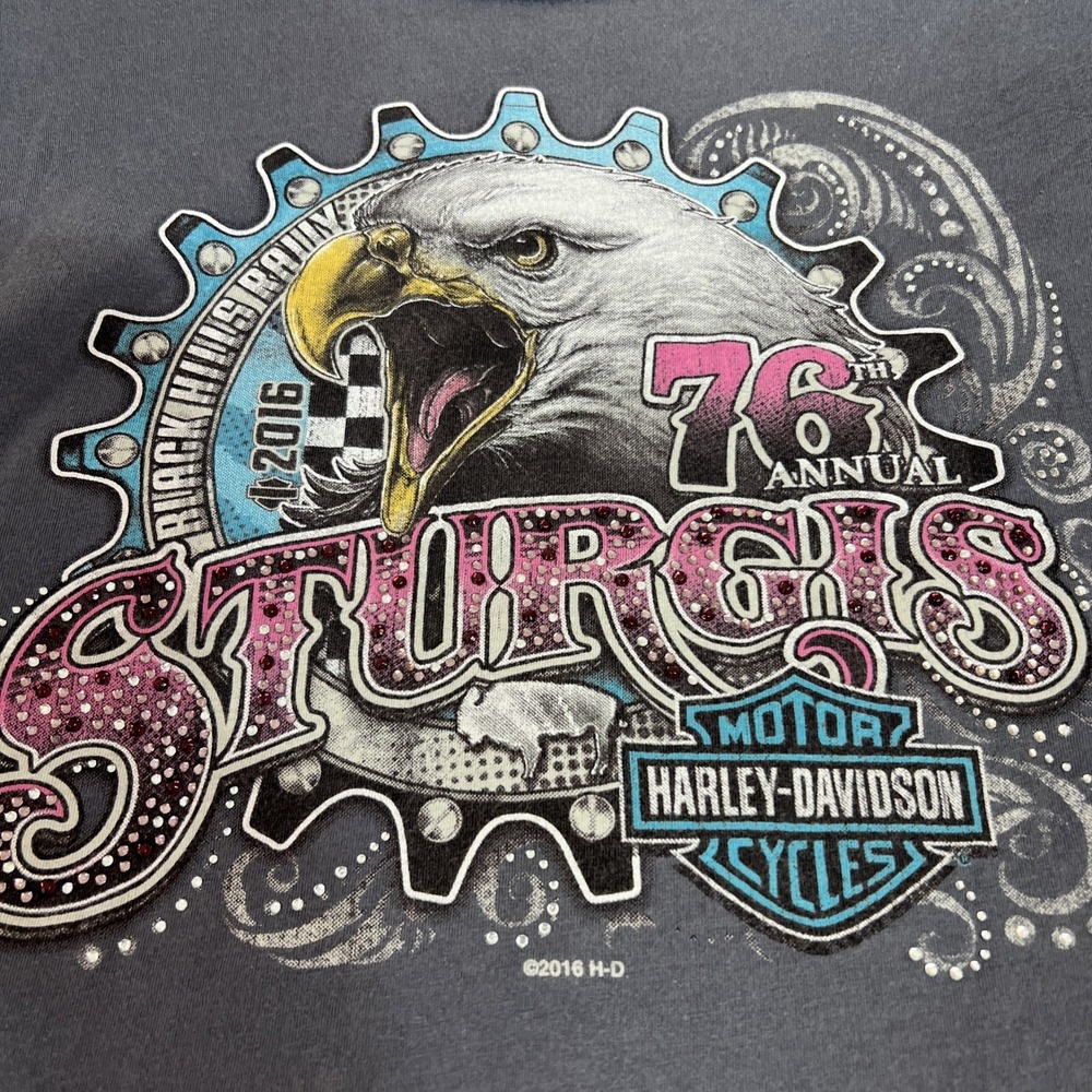 Harley Davidson Sturgis 2016 76th Annual Rally Eagle Rhinestone Gray T-Shirt L - Picture 2 of 9